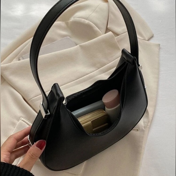 Black Crescent Moon Shoulder Bag | Faux Leather | Silver Hardware | NWT - Picture 4 of 9